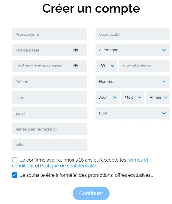 Formulaire d’inscription – création de compte joueur avec e-mail et mot de passe